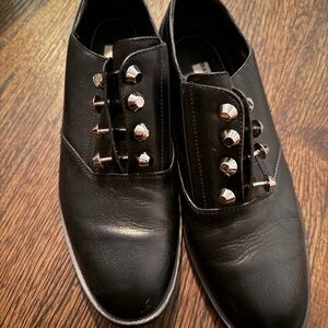 Balenciaga Womens Black Leather flat Shoes with Silver Accents